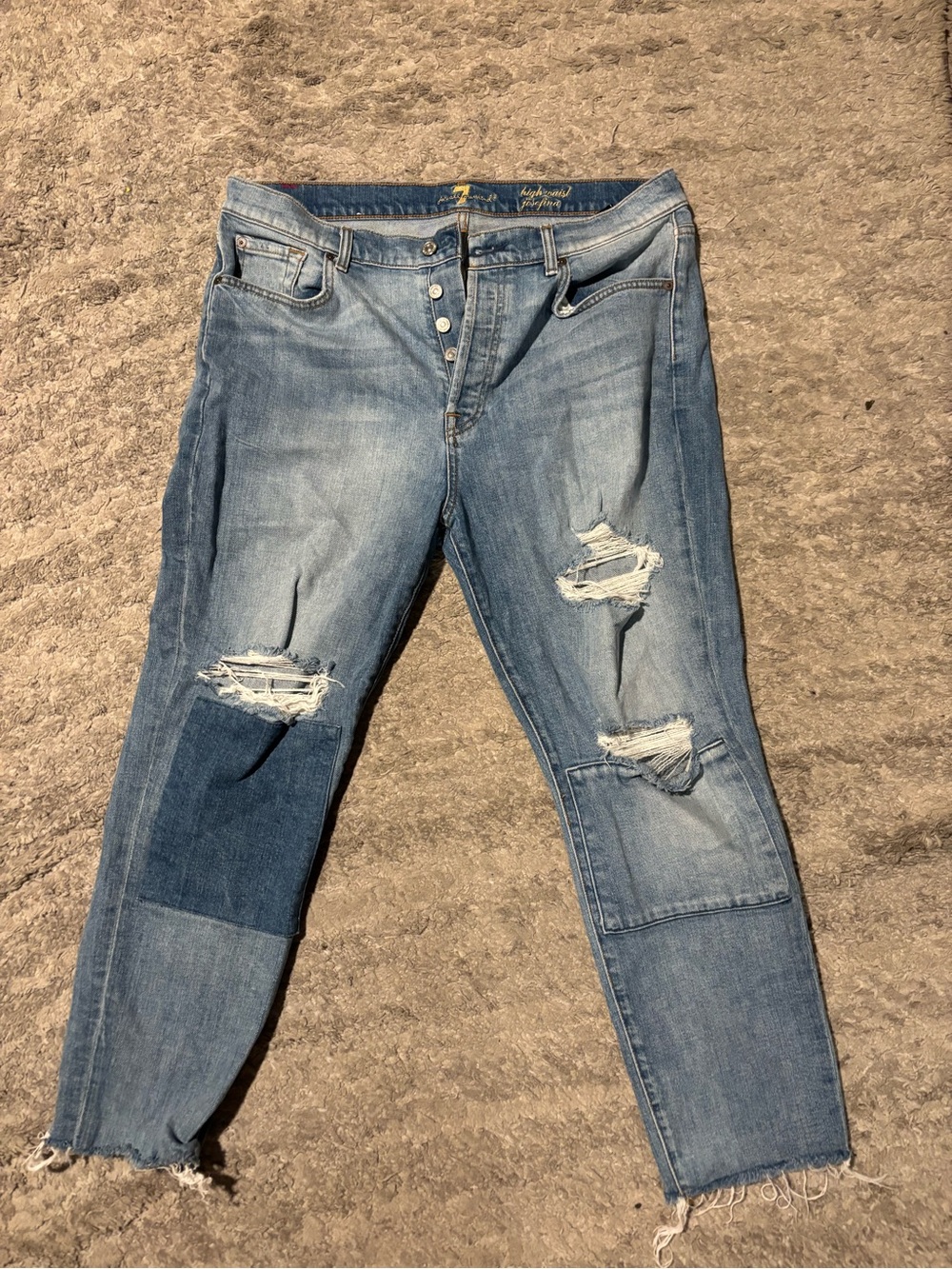 7 For All Mankind Light Blue Distressed Boyfriend Jeans with Patch Details